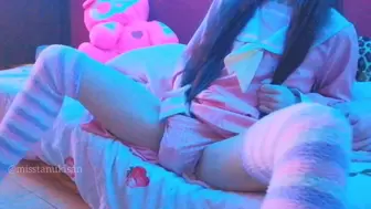 Kawaii Oriental bitch touching her twat and humping pillow when parents are home loud moaning