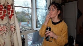 stepsister smokes a cigarette and drinks alcohol