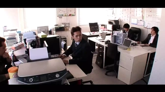 Oriental skank office slut with monstrous titties cheating with 2 humongous meat and spunk on her alluring body