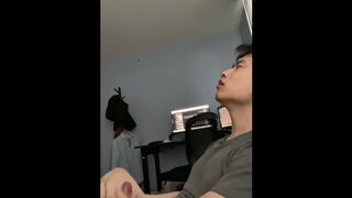 attractive college chinese stud stroking his wet schlong orgasm and moaning