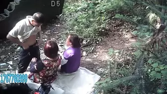 Old Man And 2 Asian Prostitutes Outdoors